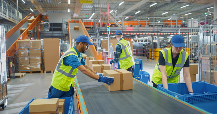 Team using fulfillment packaging supplies at a pick pack and ship station